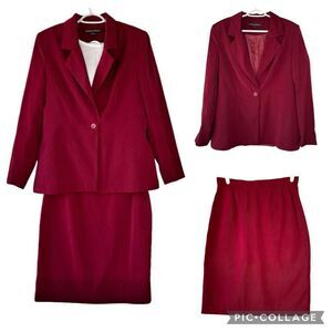 Maroon Red Wine One Button Pleater Blazer Pencil Skirt Suit Set Split Back Sz 12